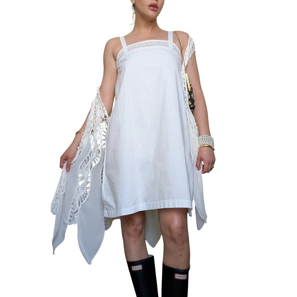Vintage Handmade In France Bridal White Lace Square Neck Mini Linen Dress